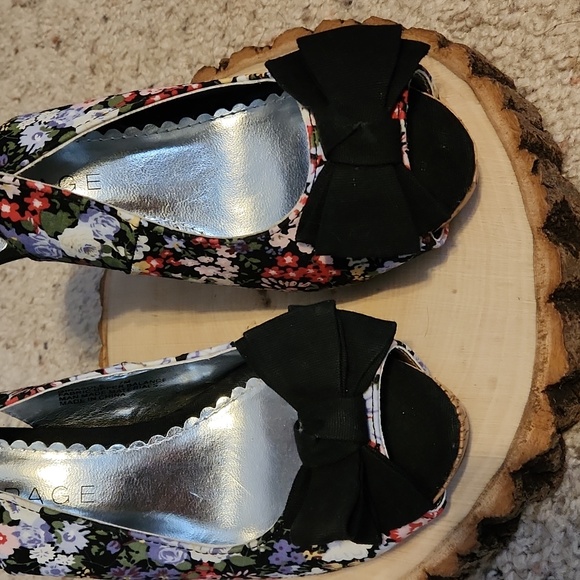 Rampage Girasole Black Bow Floral Design Open Toe Heels Sz 7M - Picture 2 of 11